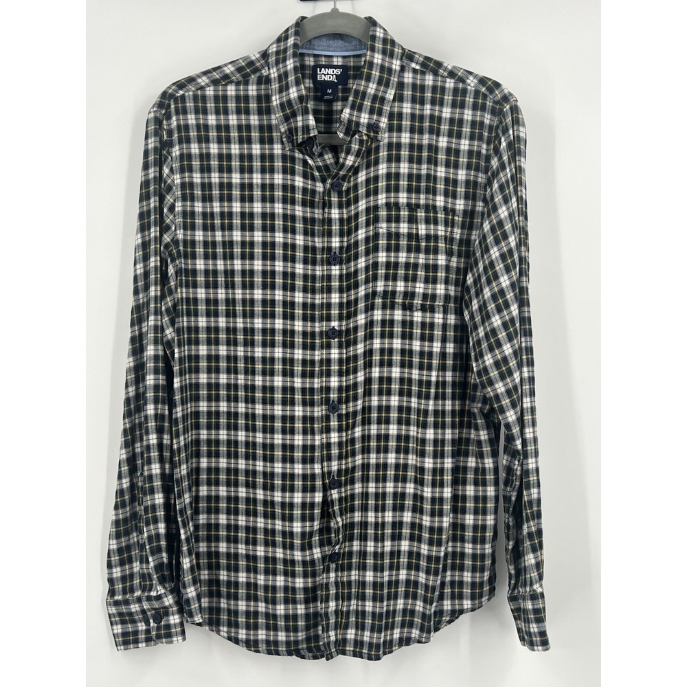 Lands' End Shirt Men Medium Blue Plaid Brushed Twill Button Front Long Sleeve
